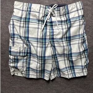 Merona Men's Y2K Plaid Flat Front Draw-String Swim Trunks Cargo Size L
